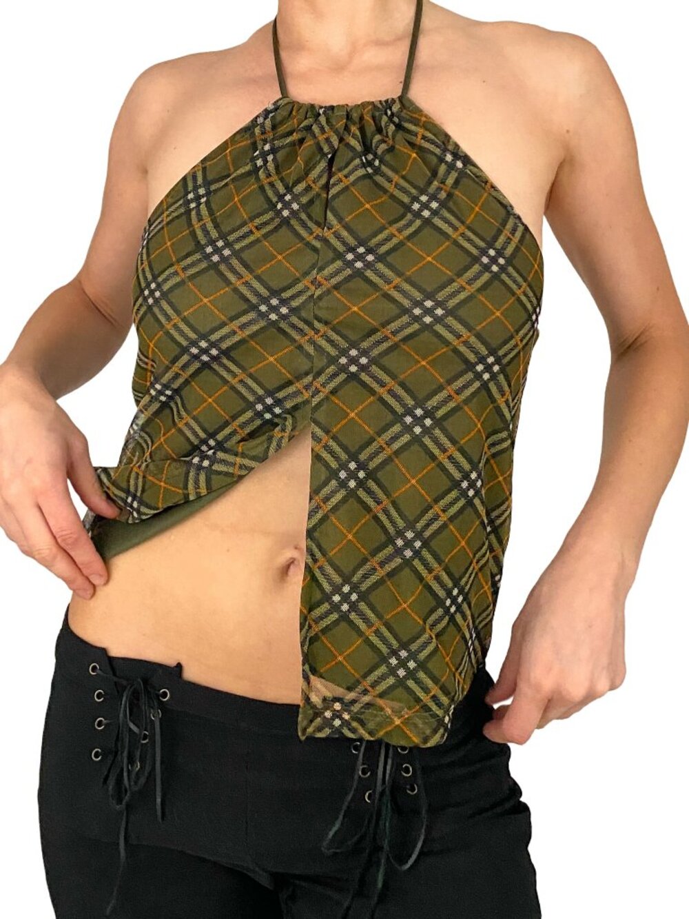 y2k olive green, black, and orange plaid check mesh halter top